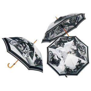 Wholesale Non-Collapsible Straight Wooden Handle Umbrella | Pongee Fabric City Life Pattern Market Umbrella