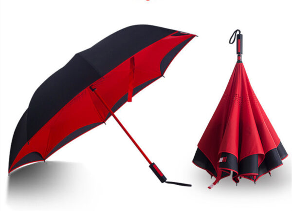 Straight handle inverted double layer canopy vented standing hands free reverse red umbrella