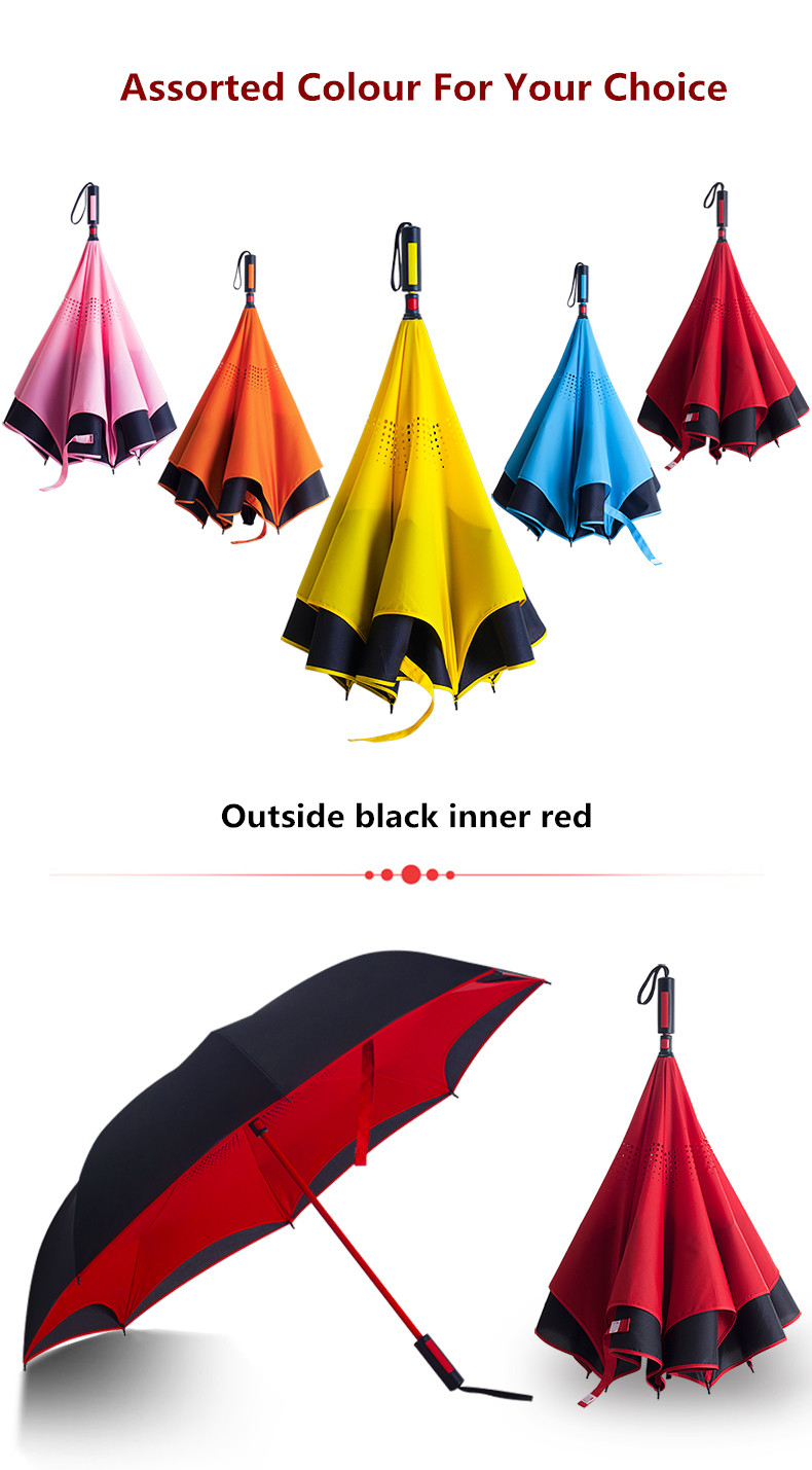 Straight handle inverted double layer canopy vented standing hands free reverse umbrella