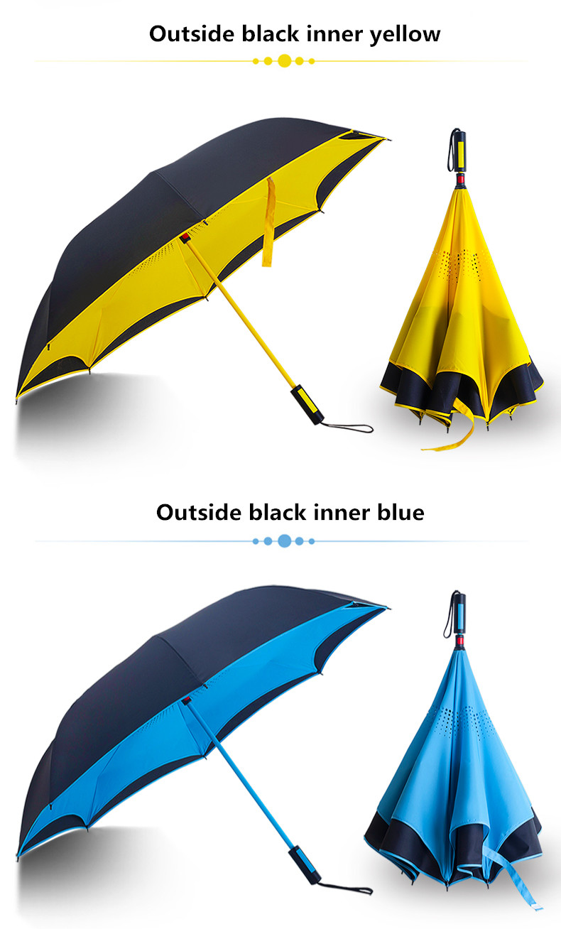Straight handle inverted double layer canopy vented standing hands free reverse umbrella
