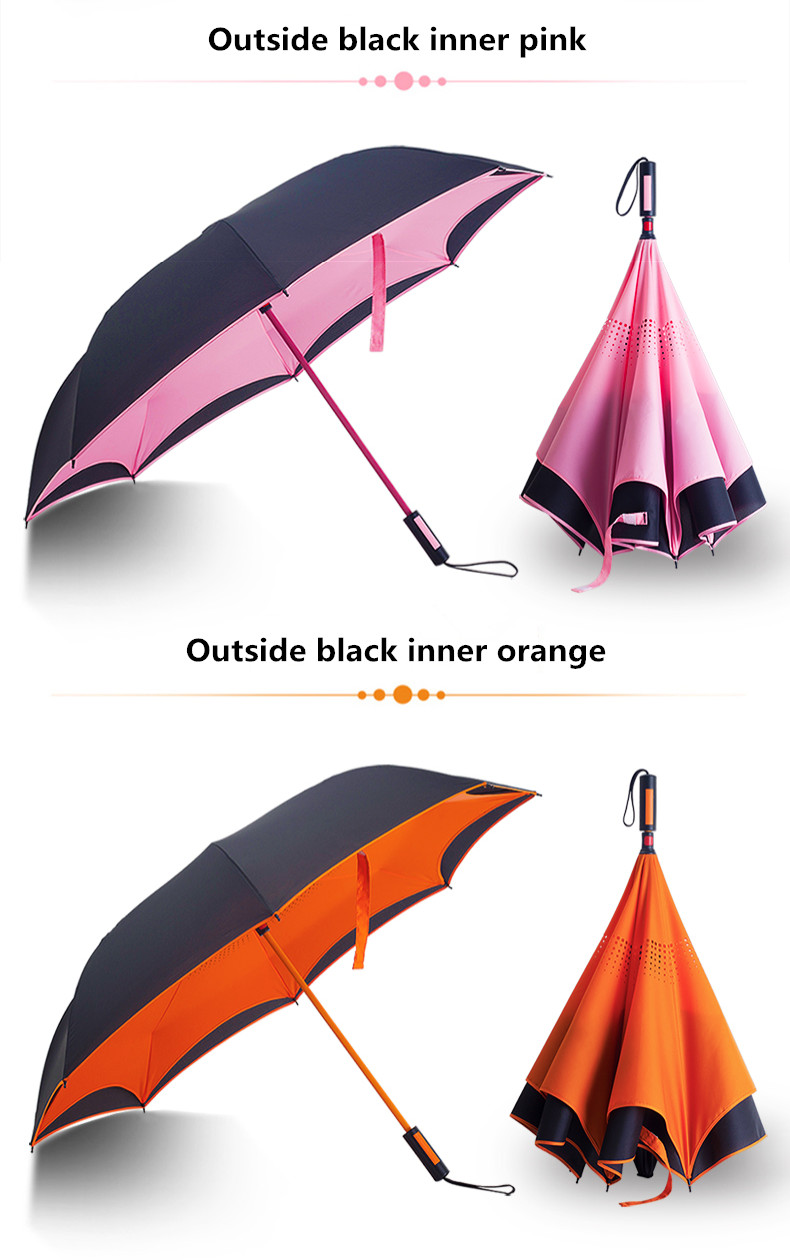 Straight handle inverted double layer canopy vented standing hands free reverse umbrella