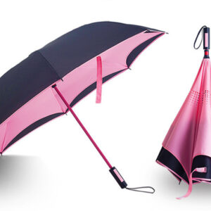 Straight handle inverted double layer canopy vented standing hands free pink reverse umbrella