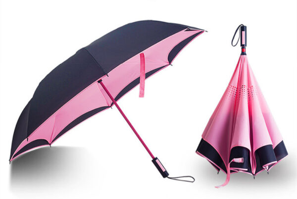 Straight handle inverted double layer canopy vented standing hands free pink reverse umbrella