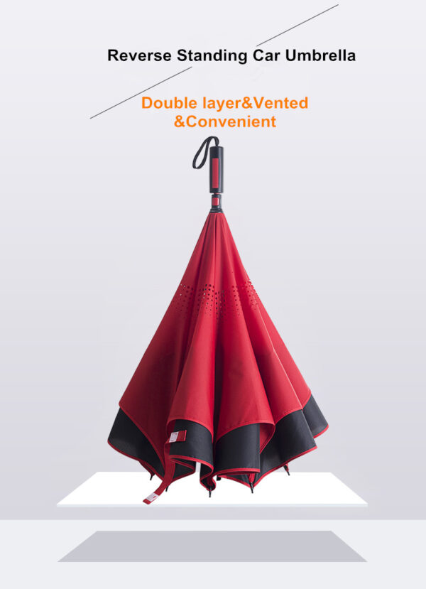 Straight handle inverted double layer canopy vented standing hands free reverse umbrella