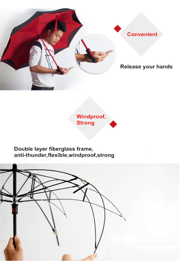 Straight handle inverted double layer canopy vented standing hands free reverse umbrella