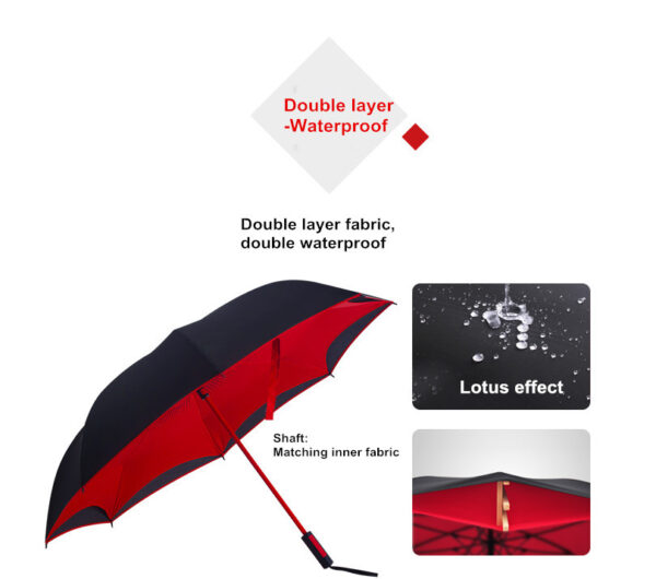 Straight handle inverted double layer canopy vented standing hands free reverse umbrella