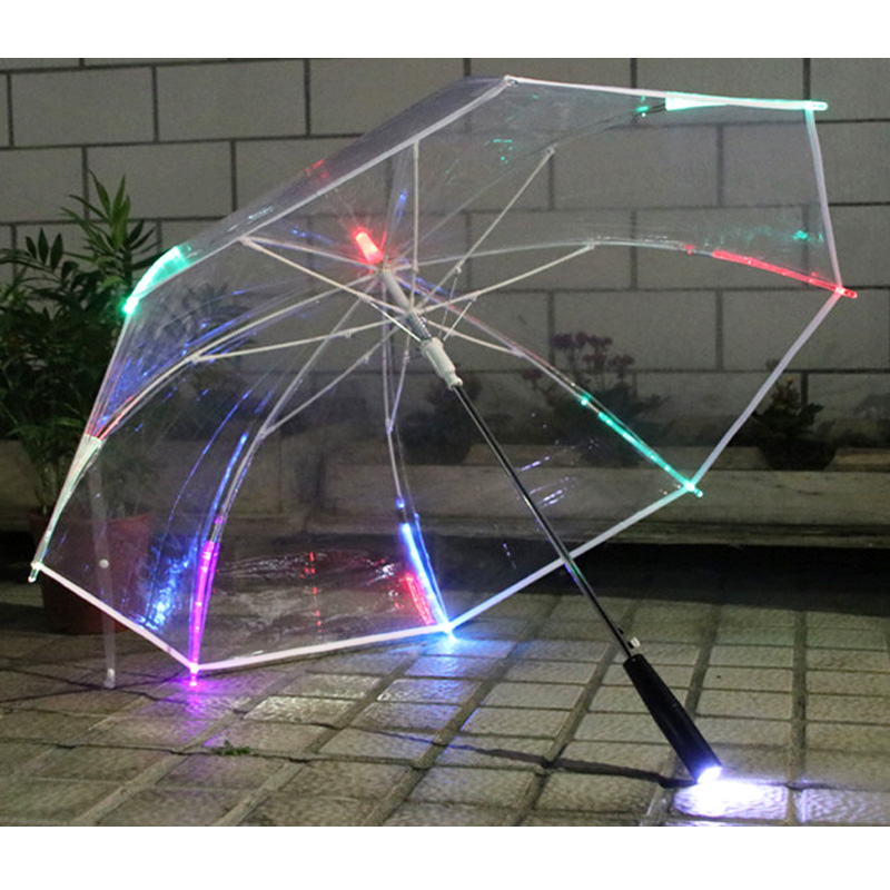 Automatic transparent PVC acrylic LED POE umbrellas 7 colour lighting windproof environmental protecting EVA battery parasol