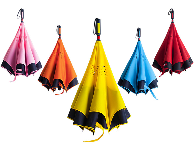 Straight handle inverted double layer canopy vented standing hands free reverse umbrella