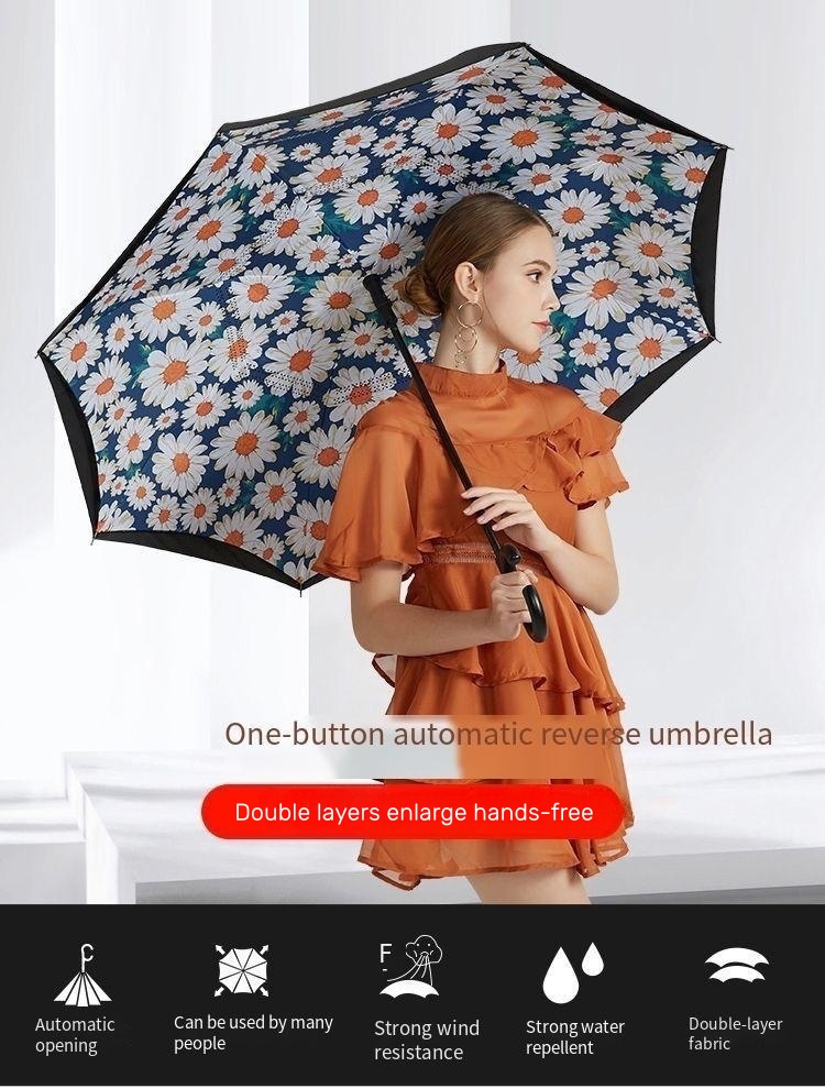 C handle inverted double layer canopy vented standing hands free reverse umbrella