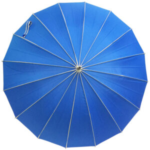 16 ribs auto wooden solid navy blue color horn ring stick fully beige piping umbrella