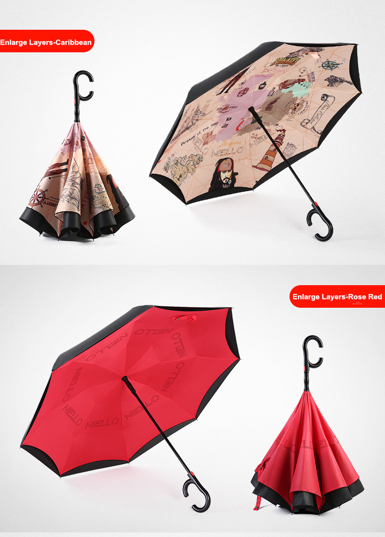 C handle inverted double layer canopy vented standing hands free reverse umbrella