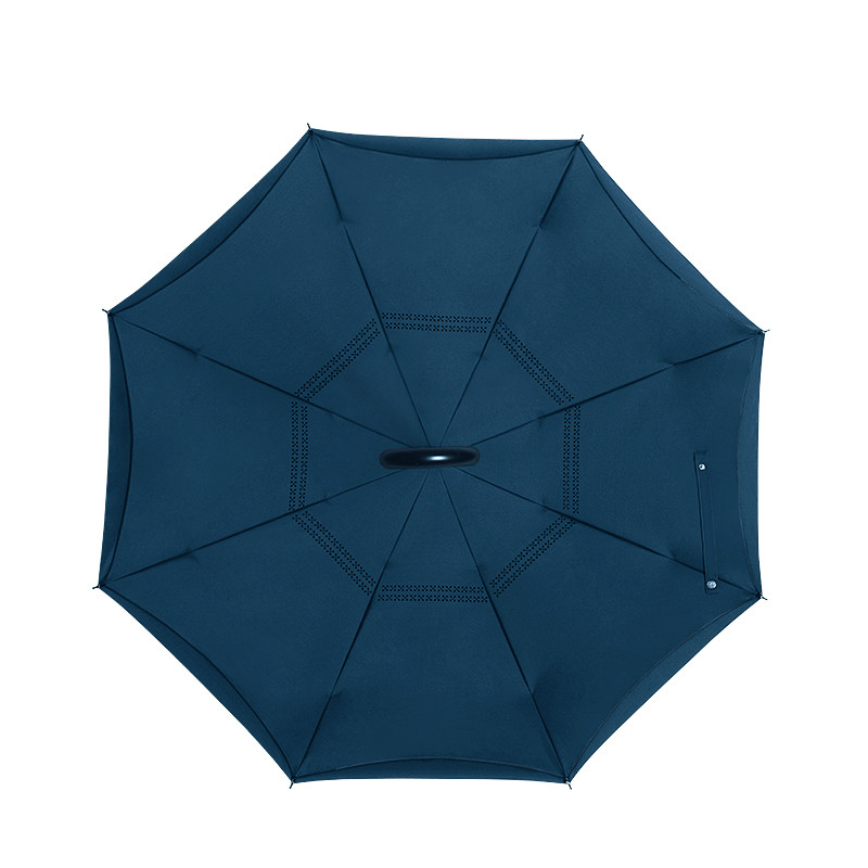 C handle inverted double layer canopy vented standing hands free reverse solid deep blue umbrella