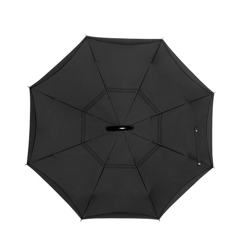 C handle inverted double layer canopy vented standing hands free reverse solid black umbrella
