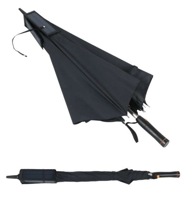 Hand open 10 angles solar panels USB charging electric anti-thunder fiberglass portable power bank windproof alloy fan umbrella