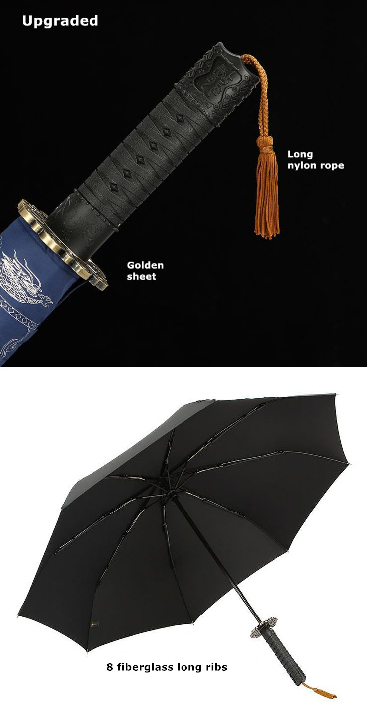 105cm dia. Steel Samurai sword katana umbrella Wolverine three fold auto open auto close windproof knives spike dragon parasol