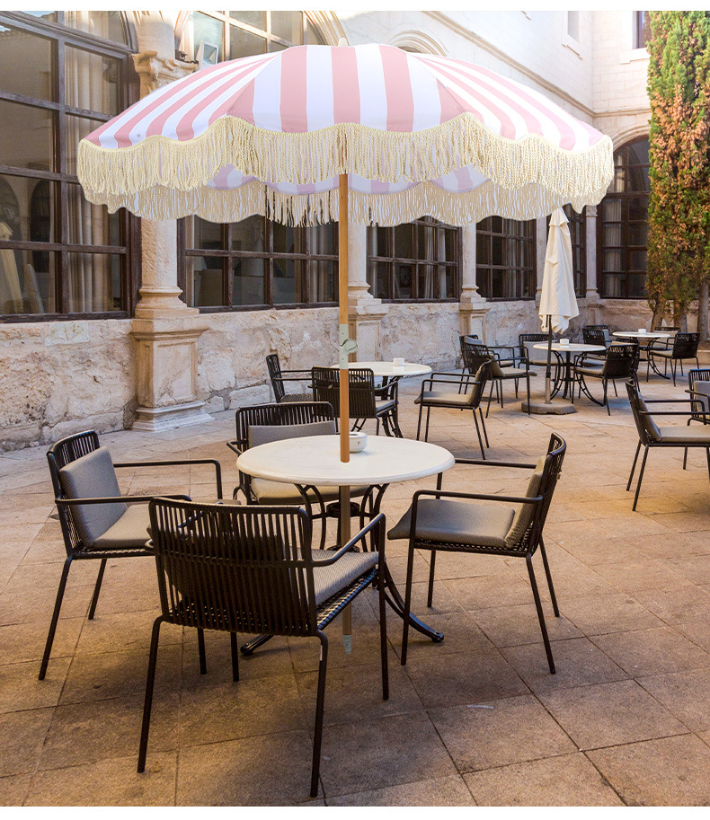 Dia 1.8m Striped Sun Parasol Umbrella Outdoor Garden Beach Umbrella with Fringe Retro Large beech wooden Tassel Pool Patio
