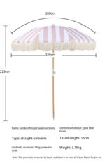 Dia 1.8m Striped Sun Parasol Umbrella Outdoor Garden Beach Umbrella with Fringe Retro Large beech wooden Tassel Pool Patio