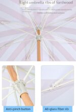 Dia 1.8m Striped Sun Parasol Umbrella Outdoor Garden Beach Umbrella with Fringe Retro Large beech wooden Tassel Pool Patio