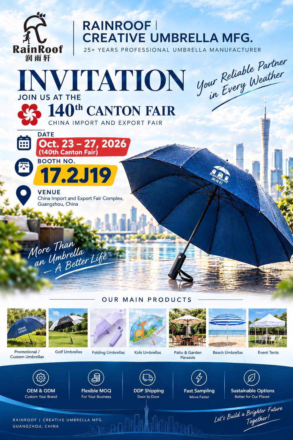 RainRoof Creative Umbrella Mfg. at the 140th Canton Fair Booth 17.2J19