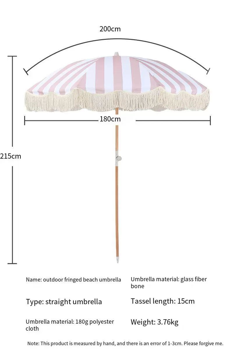 Dia 1.8m Striped Sun Parasol Umbrella Outdoor Garden Beach Umbrella with Fringe Retro Large beech wooden Tassel Pool Patio