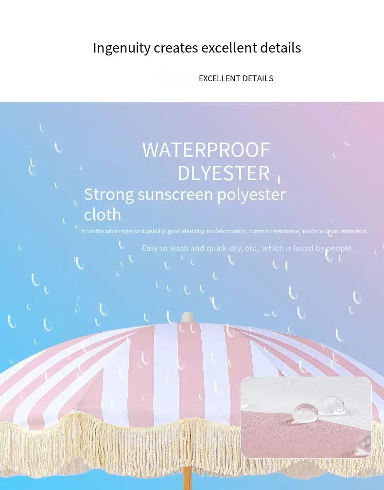 Dia 1.8m Striped Sun Parasol Umbrella Outdoor Garden Beach Umbrella with Fringe Retro Large beech wooden Tassel Pool Patio