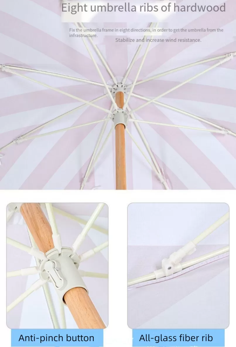 Dia 1.8m Striped Sun Parasol Umbrella Outdoor Garden Beach Umbrella with Fringe Retro Large beech wooden Tassel Pool Patio
